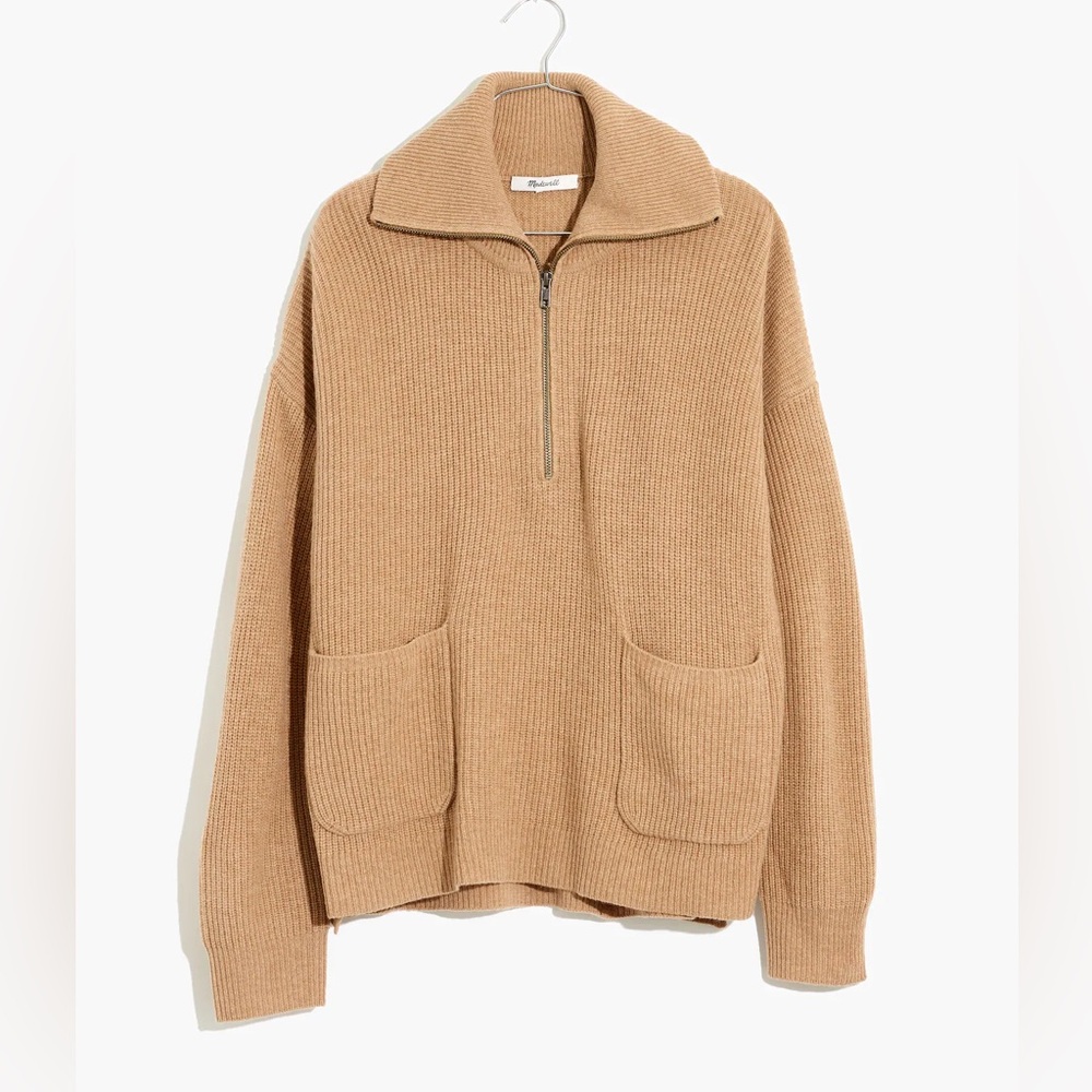Madewell Glenbrook Half-Zip Pullover Sweater Tan Preppy collar merino wool xs